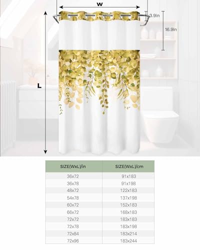 No Hook Shower Curtain and Snap in Liner Set, Yellow Eucalyptus Fabric Bathroom Stall Shower Curtains 36x72, See Through Mesh Top Window, Spring Summer Botanical Floral Leaves Country Hotel Style - color: Yellow, size: 36"W x 72"L (Pack of 1)