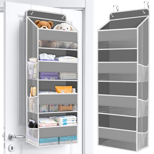 Over The Door Organizer Storage behind Door Hanging Organizer for Nursery | 4 Tier, 6 Side Pockets, Clear Window, Sturdy Construction, Space-Saving Storage for Closet, Bedroom, Bathroom & Nursery - color: Grey, size: 4-Tier