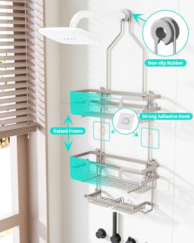 HapiRm Bathroom Hanging Shower Caddy - Rustproof Shower Shelf with 12 Hooks and 2 Soap Holders, No Drilling Bathroom Organizers and Storage - Brushed Nickel - color: Brushed Nickel(Large)