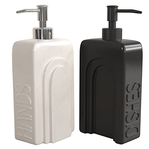 Soap Dispenser Set with Funnel, Non-Slip Silicone Pads, 2 Pack Ceramic Refillable Dish Soap and Hand Soap Dispenser for Kitchen, Bathroom, Matte Black and White - color: White & Black