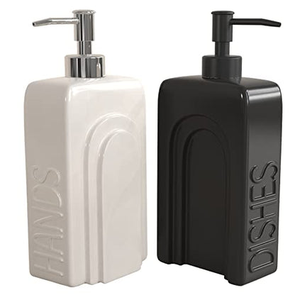 Soap Dispenser Set with Funnel, Non-Slip Silicone Pads, 2 Pack Ceramic Refillable Dish Soap and Hand Soap Dispenser for Kitchen, Bathroom, Matte Black and White - color: White & Black