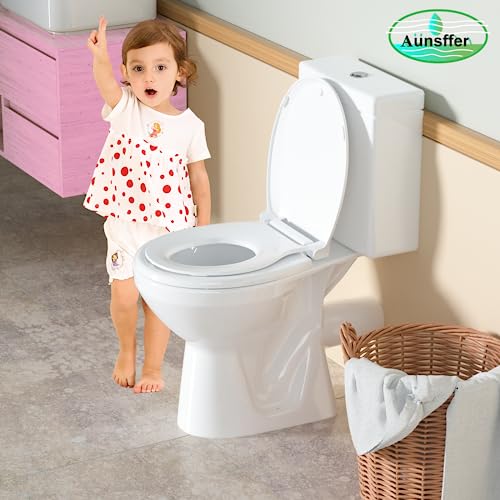 Aünsffer Toddler Toilet Seat with Potty Training Seat Round 16.5inch, 2 in 1 Toilet Seat for Family Built-in Baby Seat Removable, Soft Close + Easy Clean, PP Safe Material, White - color: White, size: Round 16.5inch with Baby Seat