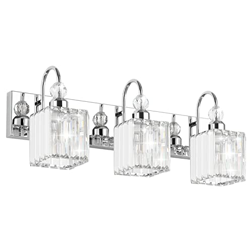 Ralbay Chrome Crystal Bathroom Vanity Light - 3-Lights, 24" Modern Wall Light Fixtures - color: Square-Chrome, size: 3-light