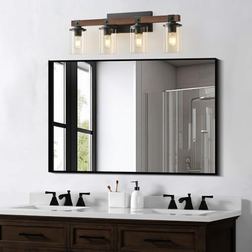 Bathroom Vanity Light Fixtures 4 lights Wooden Farmhouse Vanity Lights | Rustic Bathroom Lights over Mirror with Clear Glass Shade Black Industrial Wall Sconce for Bathroom Bedroom Hallway - color: Antique Wood 4Light