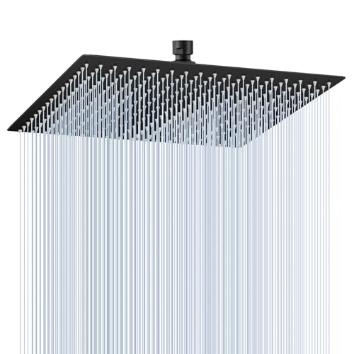 16 inch Matte Black Large Rain Shower Head - All Metal 304 Stainless Steel, Full Body Rainfall Shower with 324 Silicone Nozzles - Waterfall Bathroom Square Showerheads, Ceiling Mounted - color: B-Matte Black, size: 16 Inch Square