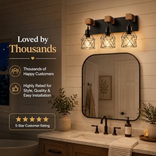 Farmhouse Vanity Light Fixture,3-Light Bathroom Lighting,Black Industrial Wood Wall Light Over Mirror with Metal Shade,Bulbs NOT Included - color: Black, size: 3-Light-Wide 18"