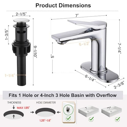 Rbrohant Single Hole Bathroom Faucet, Polished Chrome Single Handle Bathroom Sink Faucets for 1 Hole,Bathroom Vanity Faucet with Pop up Drain and Cover Plate, Deck Mount, R2001-PCP - color: Polished Chrome, style: With Escutcheon