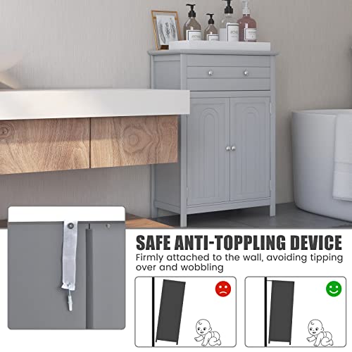 COSTWAY Bathroom Floor Cabinet, Wooden Side Storage Organizer w/Larger Drawer, Adjustable Shelf & 2-Door Cupboard, Freestanding Storage Cabinet for Living Room, Kitchen, Entryway (Grey) | Larger Drawer, Adjustable Shelf & 2-Door Cupboard, Freestanding Sto