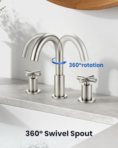 gotonovo 3 Hole Bathroom Faucet 8 inch Widespread Sink Vanity Faucet for Bathroom Sink 2 Cross Handle Deck Mount Basin with Pop Up Drain 360° Swivel Spout Brushed Nickel - color: Brushed Nickel