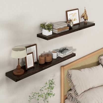 Floating Shelves for Wall, 56in Reclaimed Elm Wood Shelves, Walnut | 8" Deep Wall Shelf, Invisible Bracket, Large Long Wall Mounted Shelves, Living Room, Bedroom, Kitchen, Bathroom - color: Walnut Flat Edge, size: 55 inches - 1P