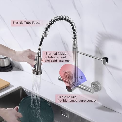 Wall Mount Kitchen Faucet with Pull Out Sprayer, 8 Inch Center Commercial Kitchen Sink Faucet, Spot-Free Stainless Steel, Easy Controlled Cold and Hot Water - color: Style F, Stainless Steel