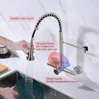 Wall Mount Kitchen Faucet with Pull Out Sprayer, 8 Inch Center Commercial Kitchen Sink Faucet, Spot-Free Stainless Steel, Easy Controlled Cold and Hot Water - color: Style F, Stainless Steel