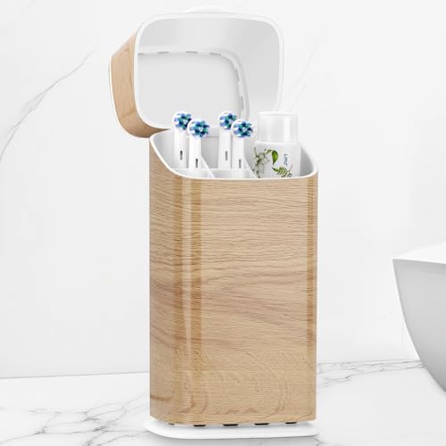 GFWARE Wood Electric Toothbrush Holder with Cover, Ventilated & Drainage | 5 Slots Bathroom Organizer for Toothbrush & Toothpaste, Waterproof & Dustproof, Electric Toothbrushes Under 10 In, Wood-Look - color: Wood, size: Toothbrush Length Less Than 10 inc