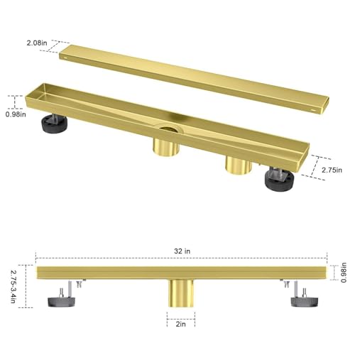 32-Inch Linear Shower Drain with Tile Insert Grate, Brushed Gold Rectangle Floor Drain 304 Stainless Steel Including Hair Strainer - color: Gold, size: 32 IN