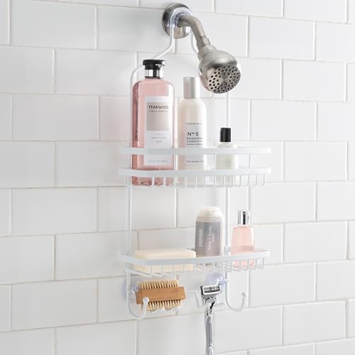 Bath Bliss Shower Head Caddy, Suction Cup Backing, 2 Tier Shelving & 6 Accessory Hooks, White (23386-WHITE) - color: White