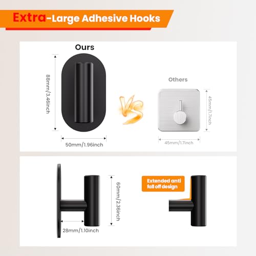 Aikzik Black Adhesive Hooks Heavy Duty-Max 26lb, Wall Hooks for Shower, Bathroom, Towel, Coat, Robe, Stainless Steel Hooks for Hanging, Sticky Hooks for Walls No Damage- 4 Pack - color: Black