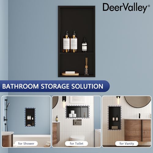 DeerValley Stainless Steel No Tile Needed Shower Niche for Bathroom Storage ，Recessed Wall Niche,Double Shelves(Matte Black, 12 * 24 in)
