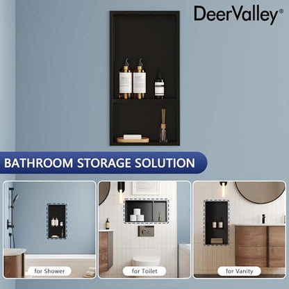 DeerValley Stainless Steel No Tile Needed Shower Niche for Bathroom Storage ，Recessed Wall Niche,Double Shelves(Matte Black, 12 * 24 in)