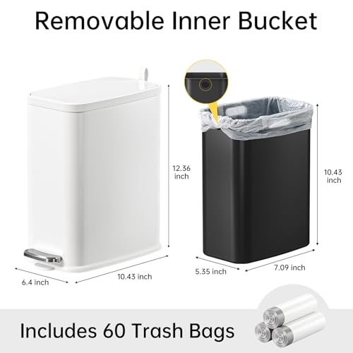 1.6 Gal Small Bathroom Trash Can with Lid, Step Pedal, Slim White | Stainless Steel Wastebasket, Soft Close Lid, Easy Clean Removable Inner Bucket, Odor Control, Includes 60 Trash Bags - color: White
