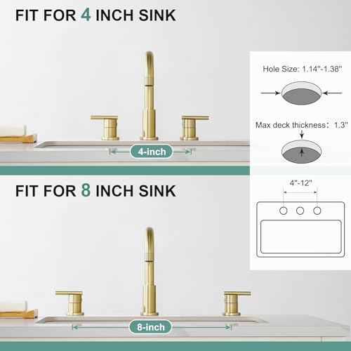 Faustina Gold Faucet Bathroom,Brushed Gold Bathroom Faucets 3 Hole,8 Inch Widespread Bathroom Faucet,4 Inch 12 Inch Bathroom Faucet with Drain Assembly,2-Handle Stainless Steel(Supply Line) - color: Gold, style: Modern Widespread