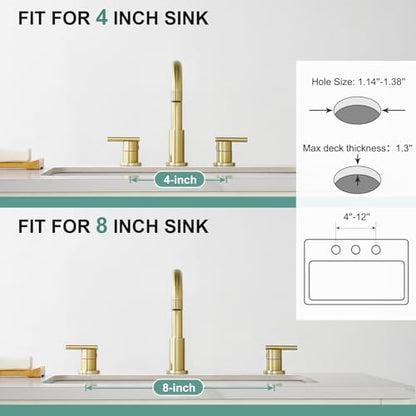 Faustina Gold Faucet Bathroom,Brushed Gold Bathroom Faucets 3 Hole,8 Inch Widespread Bathroom Faucet,4 Inch 12 Inch Bathroom Faucet with Drain Assembly,2-Handle Stainless Steel(Supply Line) - color: Gold, style: Modern Widespread