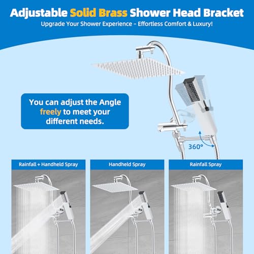 Hibbent All Metal cUPC Certified Shower Head, 12'' High Pressure Rainfall Shower Head, Showerhead Combo, Handheld Shower Wand, 12'' Adjustable Extension Arm, 4-Spray, 71'' Hose, Shower Holder, Chrome - color: Chrome, style: Square 12''