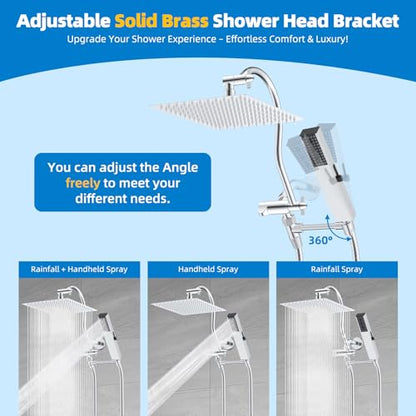 Hibbent All Metal cUPC Certified Shower Head, 12'' High Pressure Rainfall Shower Head, Showerhead Combo, Handheld Shower Wand, 12'' Adjustable Extension Arm, 4-Spray, 71'' Hose, Shower Holder, Chrome - color: Chrome, style: Square 12''