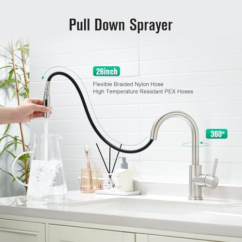 CREA Bathroom Faucet with Pull Out Sprayer,Brushed Nickel Single Handle Kitchen Bar Faucets for Mini Sink Pull Down Vanity Mixer Tap 2 Water Modes,cUPC/NSF - color: A-Brushed Nickel