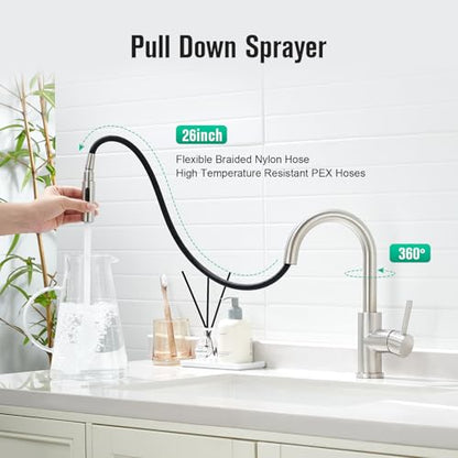 CREA Bathroom Faucet with Pull Out Sprayer,Brushed Nickel Single Handle Kitchen Bar Faucets for Mini Sink Pull Down Vanity Mixer Tap 2 Water Modes,cUPC/NSF - color: A-Brushed Nickel