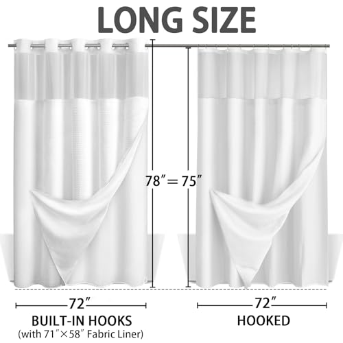 No Hook Shower Curtain with Liner Set Hotel Waffle Curtain White 72W X 78L | Washable Snap in Fabric Liner, Mesh Top Window, Waffle Hotel Style Shower Curtain Set - color: White, size: 72"W x 78"L
