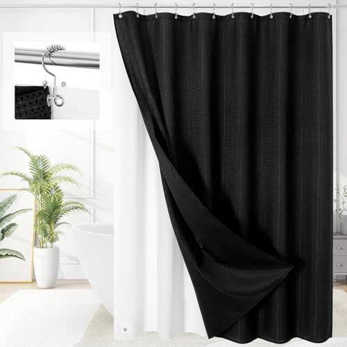 3 in 1 Black Shower Curtain Set with PEVA Liner & 12 Hooks, 72 x 72 | Fabric shower curtain, modern hotel style, contemporary bathroom decor, standard shower space - color: Black, size: 72"W x 72"L (Pack of 1)