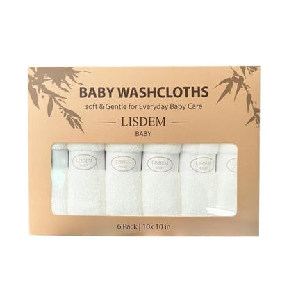Bamboo Baby Washcloths, 6 Pack Soft & Absorbent Baby Wash Cloths for Newborns, Infants & Toddlers, Gentle Baby Face Towels for Bath Time, Feeding, Burping & Everyday Care, 10 x 10 Inches.