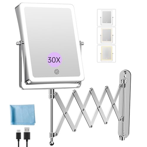 FASCINATE 8.7" 5000mAh Rechargeable Wall Mounted Makeup Mirror (Chrome) | Double Sided Touch Switch 1X 30X Magnifying Bathroom Mirror, 3 Color Lights Dimmable Extended Arm 360°Rotation - color: Chrome C
