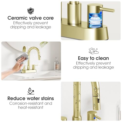 Brushed Gold Bathroom Faucet with Pull Out Sprayer, Dual-Function Spout Gold Bathroom Sink Faucets, 4 Inch Two Handle Utility Sink Faucet with Sprayer 3 Hole, Easy Pet Shower, RVs - color: Gold