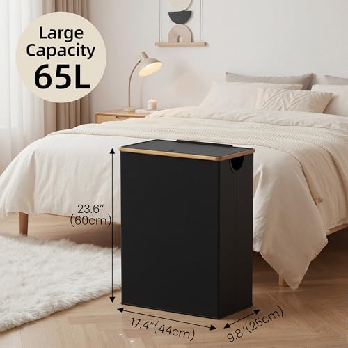efluky Slim Laundry Basket with Lid, Narrow Laundry Hamper with Removable Bag, Skinny Dirty Clothes Basket with Bamboo Handles for Bathroom, Bedroom & Laundry Room, 65L Black - color: Black, size: 65L