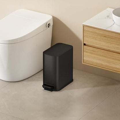 TIPGO Small Bathroom Trash Can with Lid Soft Close,1.3 Gallon, Matte Black | Step Pedal, Removable Inner Bucket, 5 Liter Slim Stainless Steel Garbage Can for Bedroom, Office, Kitchen - color: Black