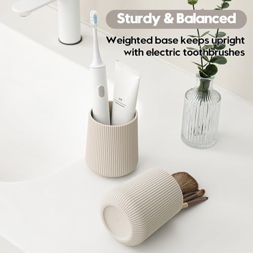YAUKPH Beige Striped Toothbrush Holder | for Electric Toothbrushes Bathroom Organizer Cup for Toothpaste Kids & Adults - color: Beige Ribbed