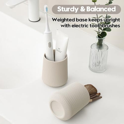 YAUKPH Beige Striped Toothbrush Holder | for Electric Toothbrushes Bathroom Organizer Cup for Toothpaste Kids & Adults - color: Beige Ribbed