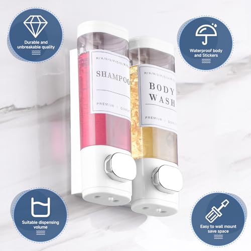 Shampoo and Conditioner Dispenser Bathroom Shower Soap Dispenser Wall Mounted Shampoo Dispenser for Shower Wall No Drill 2 * 300ml White 2 Chamber with Waterproof Labels - color: White 2