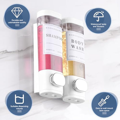 Shampoo and Conditioner Dispenser Bathroom Shower Soap Dispenser Wall Mounted Shampoo Dispenser for Shower Wall No Drill 2 * 300ml White 2 Chamber with Waterproof Labels - color: White 2