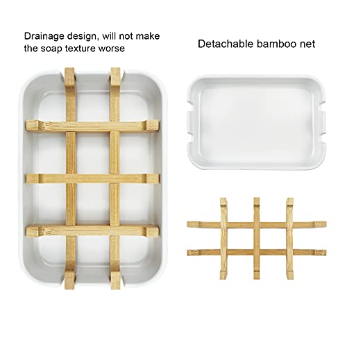 2 Pack Bamboo Soap Dish, Self-Draining Soap Box, Wooden Bamboo Bar Soap Holder for Shower, Bathroom, Kitchen, Bathtub, Bar Sink (White) - color: Two Pieces White