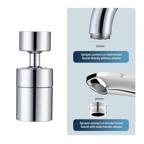 360° Swivel Faucet Aerator, Dual Mode Water Saving Sprayer Head, Chrome Brass Nozzle, Universal Fit for Kitchen & Bathroom Sinks (22mm Male & 24mm Female)
