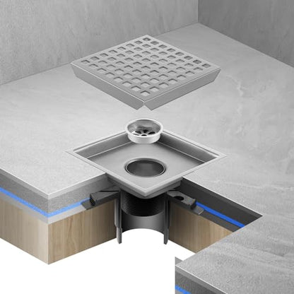 Shower Drain, Chrome 6 inch Square Shower Floor Drain with Flange, Silver Removeable Grid Panel SUS 304 Stainless Steel Square Shower Drain - color: Chrome, size: 6 inch