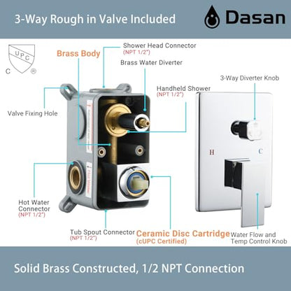 DASAN Tub Shower Faucets Sets Complete Chrome Bathtub Shower System with Tub Spout, Bathtub Faucet Set Tub and Shower Faucet Combo Trim Kit with Rough-in Valve, DA-SS03PC-S10W - color: Chrome