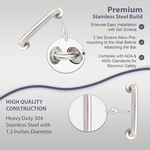 Grab Bar for Bathtub Shower - 1.5" Dia. / Stairs Bed Toilet Bathroom / Stand Assist & Safety Handrail / 304 Stainless Steel / Smooth Grip / 12" - color: Stainless Steel, size: 12 in. Smooth Grip