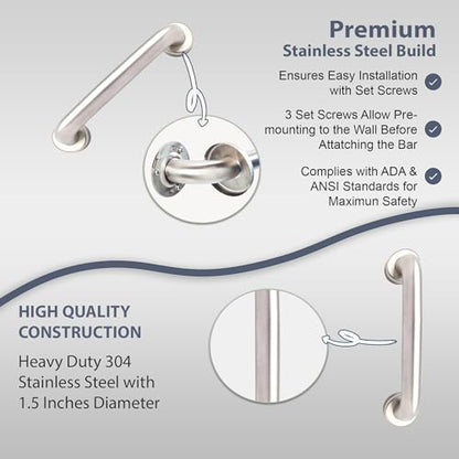 Grab Bar for Bathtub Shower - 1.5" Dia. / Stairs Bed Toilet Bathroom / Stand Assist & Safety Handrail / 304 Stainless Steel / Smooth Grip / 12" - color: Stainless Steel, size: 12 in. Smooth Grip