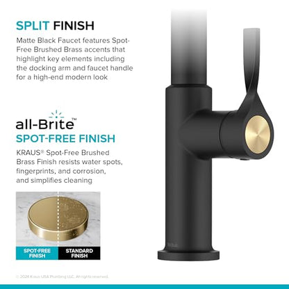 KRAUS Torak Pull Down Kitchen Faucet in Spot-Free Brushed Brass/Matte Black with 2 Function Sprayer, Pre-Attached Water Lines, and Mounting Hardware, KPF-2841SFBBMB - color: Spot Free Brushed Brass/Matte Black, style: Pull-Down Square Arc Faucet
