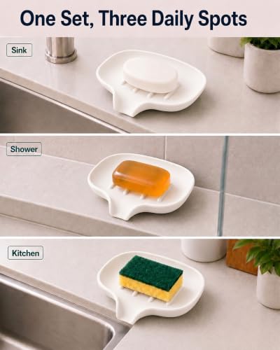 3 Pack Soap Bar Holder, AIMAIAIMAI Self Draining Soap Dish, Quick Drainage, Soap Dishes for Bathroom, Shower, Silicone Soap Tray for Kitchen, Dishwasher Safe (White) - color: White
