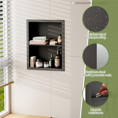 14x18 Medicine Cabinet Recessed Stainless Steel, 2-Tier, Medicine Cabinet Organizer,Stainless Steel Wall Niche, Bathroom Wall Cabinet, Recessed Bathroom Cabinet, Wall Cabinet, Black - color: Black, size: Classic 2-Tier