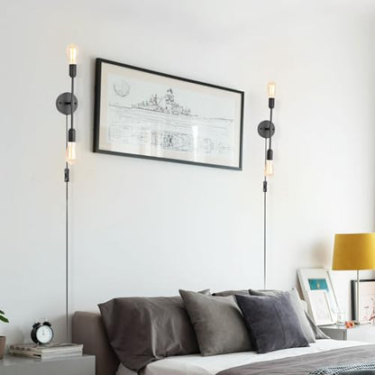 Black 2 Light Plug in Wall Sconce Set of 2 for Bathroom Farmhouse | 2-in-1 plug in hardwire wall sconce with on off switch cord 2 pack black industrial lamp fits E26 bulbs for indoor use